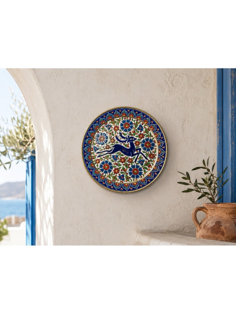 Parperis Greece 1970s Wall Plate Handmade Gazelle Floral Cobalt Gold Rim, 9.5”